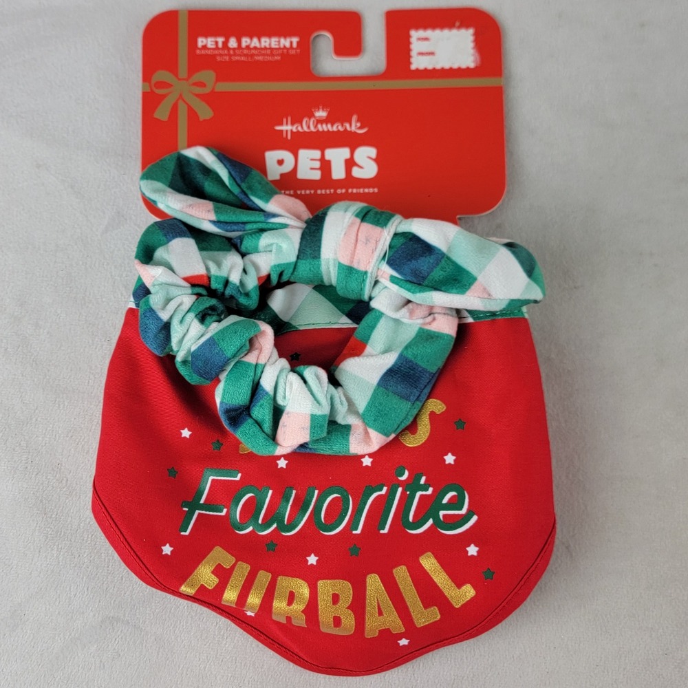 Hallmark Pet & Parent Bandana Scrunchie Gift Set Favorite Furball Red Green